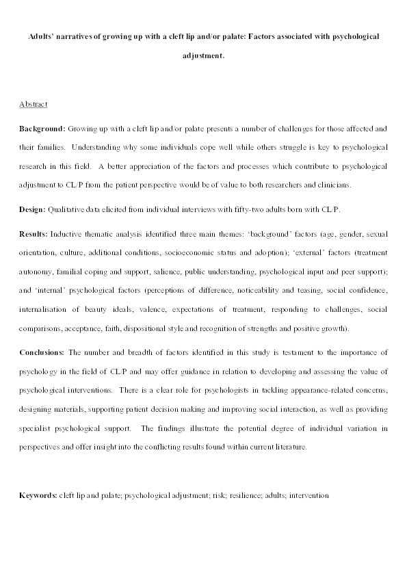 Adults' narratives of growing up with a cleft lip and/or palate: Factors associated with psychological adjustment Thumbnail