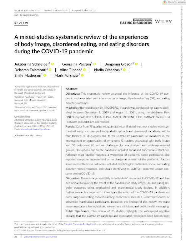 A mixed-studies systematic review of the experiences of body image, disordered eating, and eating disorders during the COVID-19 pandemic Thumbnail