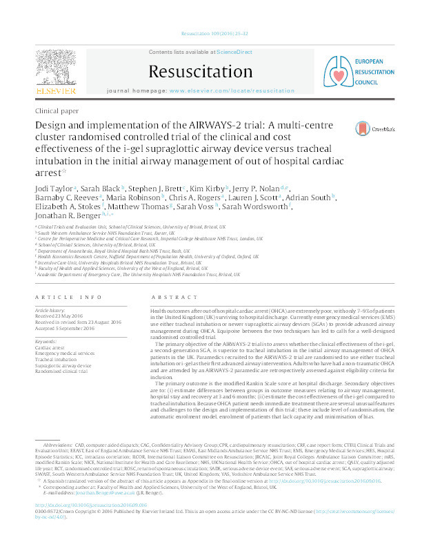 Design and implementation of the AIRWAYS-2 trial: A multi-centre cluster randomised controlled trial of the clinical and cost effectiveness of the i-gel supraglottic airway device versus tracheal intubation in the initial airway management of out of hospital cardiac arrest Thumbnail