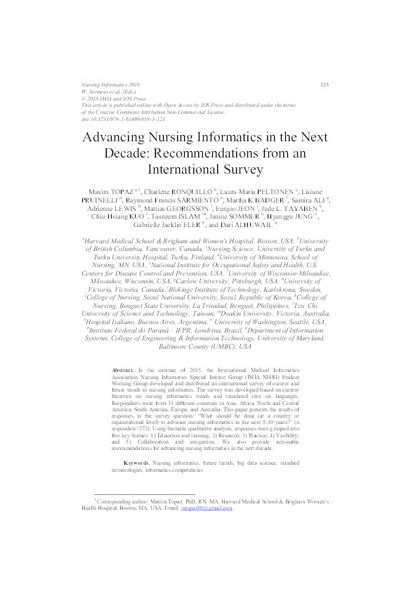Advancing nursing informatics in the next decade: Recommendations from an international survey Thumbnail