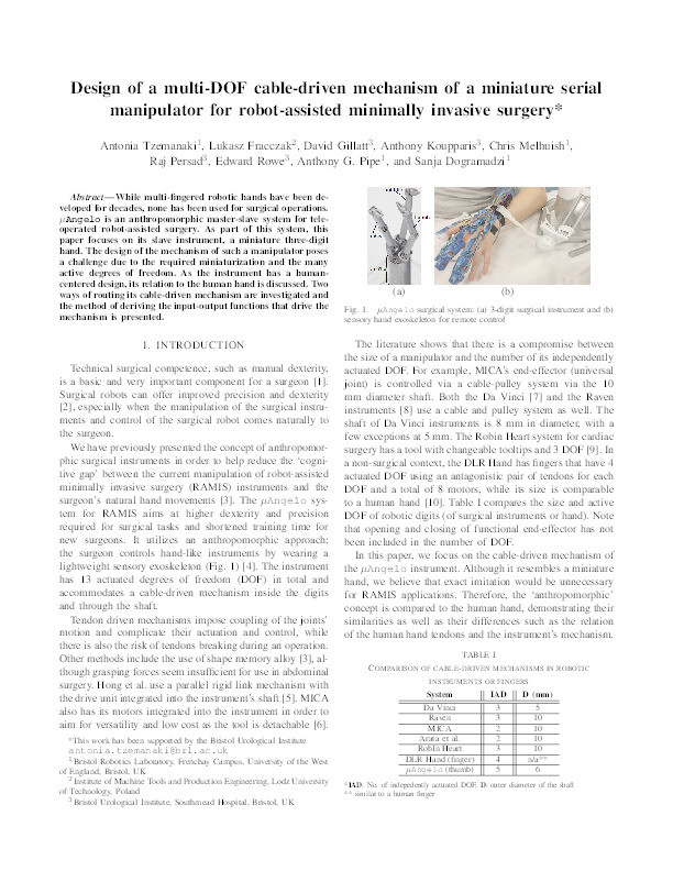 Design of a multi-DOF cable-driven mechanism of a miniature serial manipulator for robot-assisted minimally invasive surgery Thumbnail