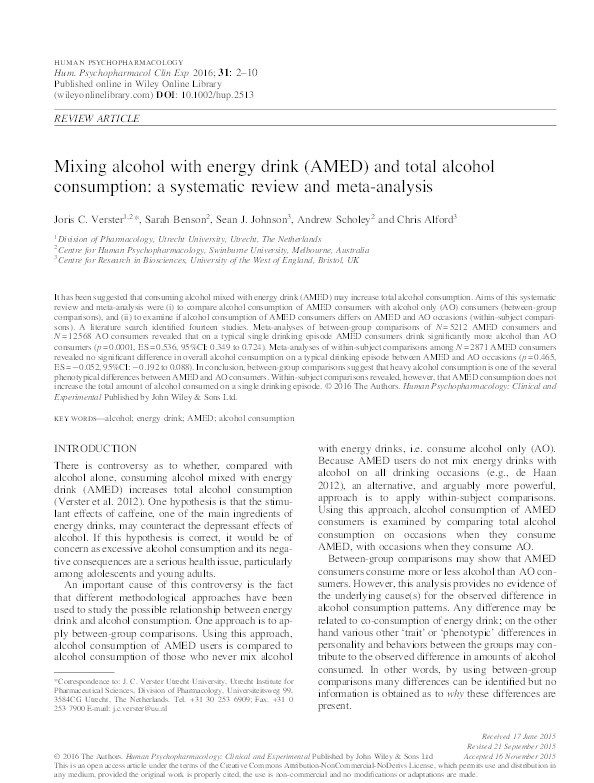 Mixing alcohol with energy drink (AMED) and total alcohol consumption: A systematic review and meta-analysis Thumbnail