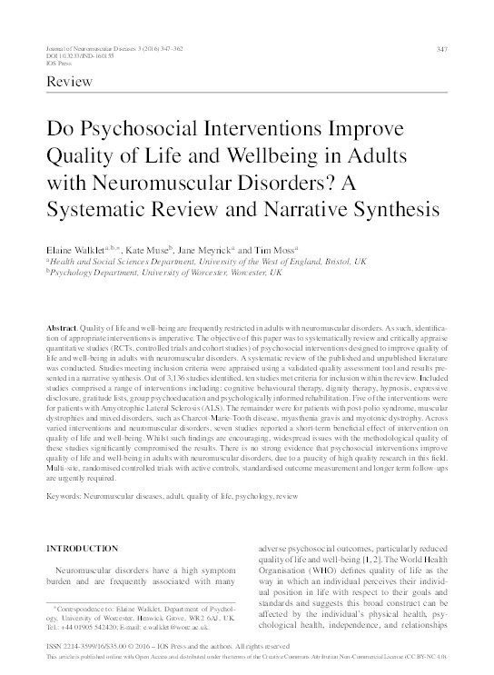 Do Psychosocial Interventions Improve Quality of Life and Wellbeing in Adults with Neuromuscular Disorders? A Systematic Review and Narrative Synthesis Thumbnail
