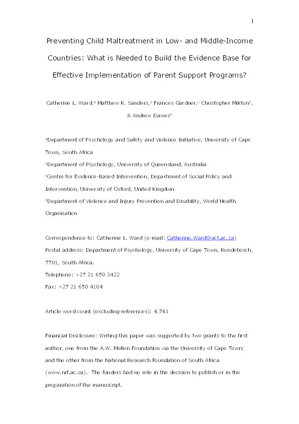 Preventing child maltreatment in low- and middle-income countries. Parent support programs have the potential to buffer the effects of poverty Thumbnail