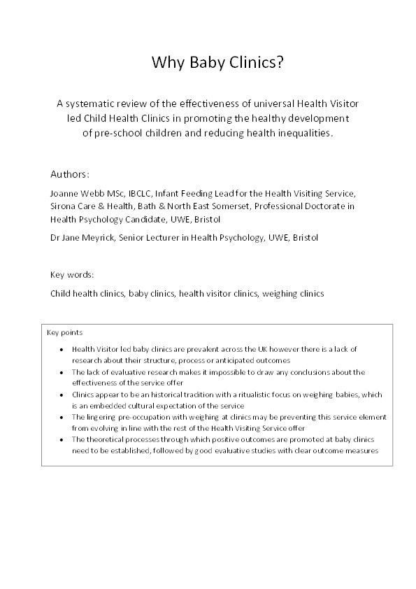 A systematic review of the effectiveness of universal Health Visitor led Child Health Clinics Thumbnail