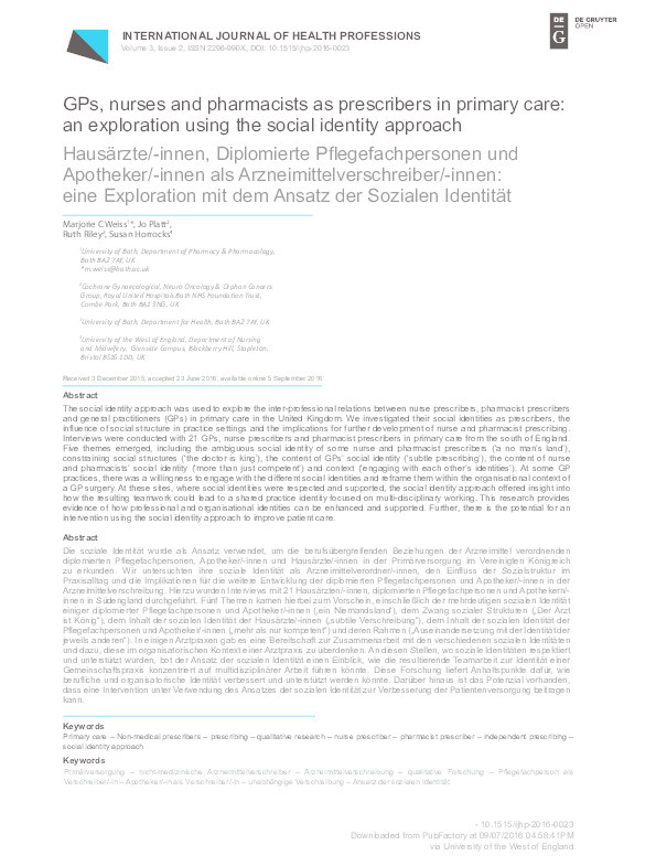 GPs, nurses and pharmacists as prescribers in primary care: An exploration using the social identity approach Thumbnail