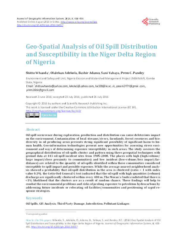 Geo-spatial analysis of oil spill distribution and susceptibility in the Niger Delta region of Nigeria Thumbnail