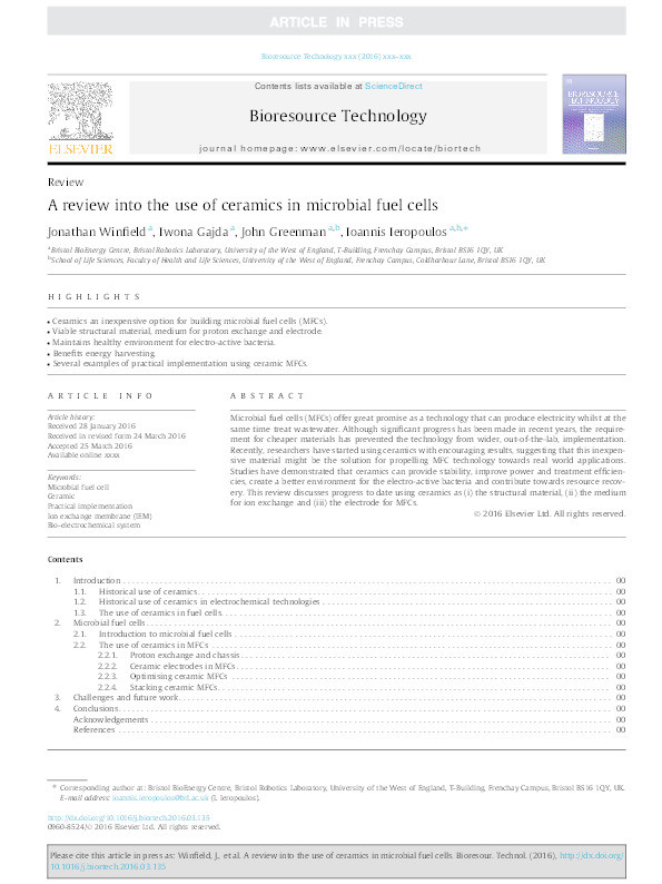 A review into the use of ceramics in microbial fuel cells Thumbnail