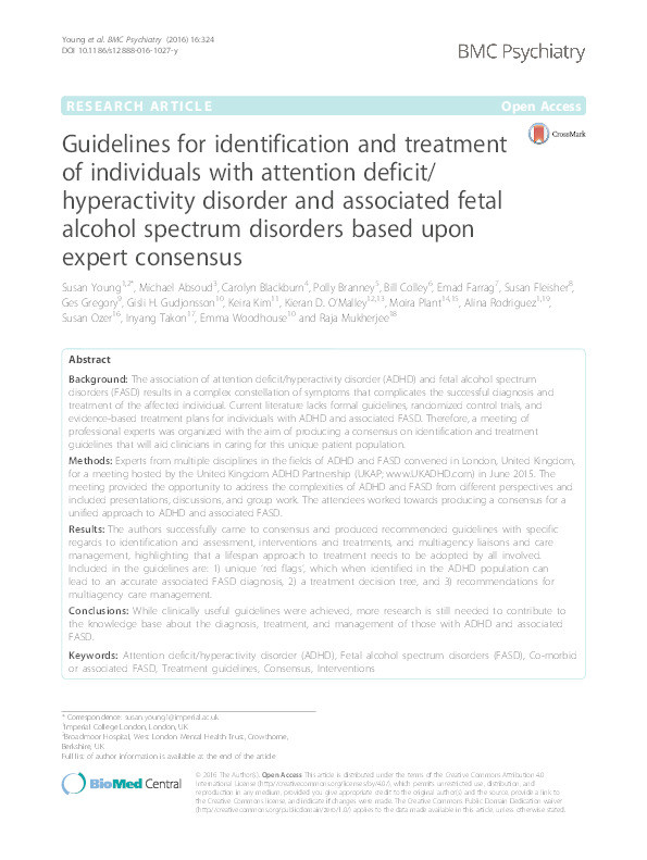 Guidelines for identification and treatment of individuals with attention deficit/hyperactivity disorder and associated fetal alcohol spectrum disorders based upon expert consensus Thumbnail