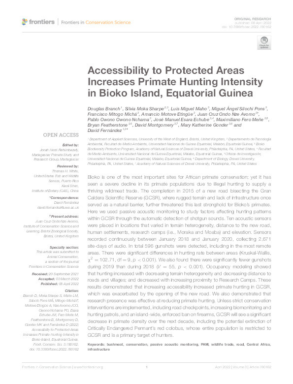 Accessibility to protected areas increases primate hunting intensity in Bioko Island, Equatorial Guinea Thumbnail