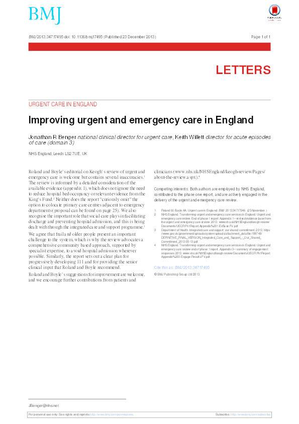 Improving urgent and emergency care in England Thumbnail