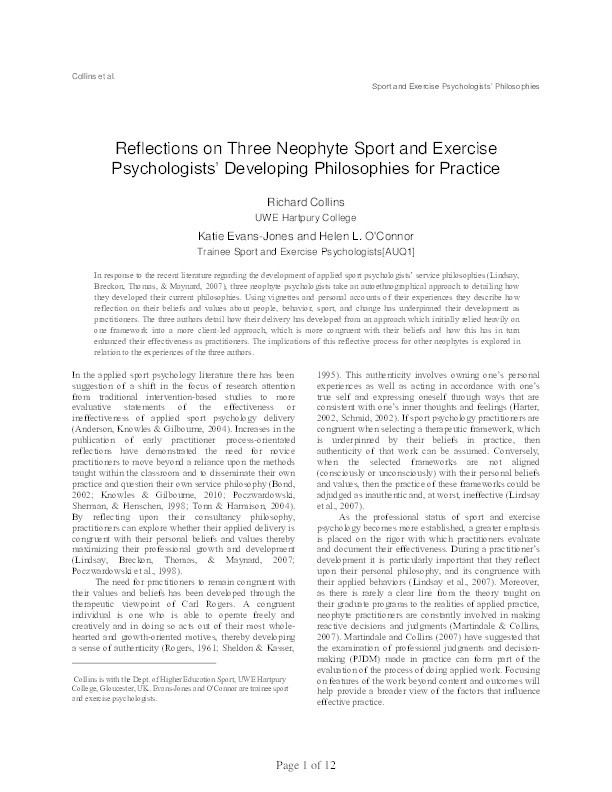 Reflections on three neophyte sport and exercise psychologists’ developing philosophies for practice Thumbnail