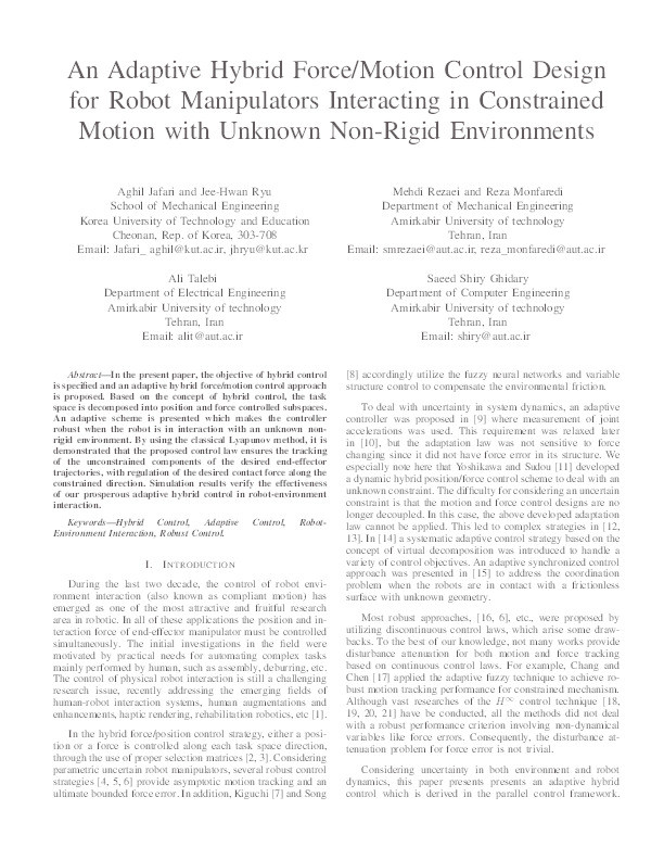 An adaptive hybrid force/motion control design for robot manipulators interacting in constrained motion with unknown non-rigid environments Thumbnail