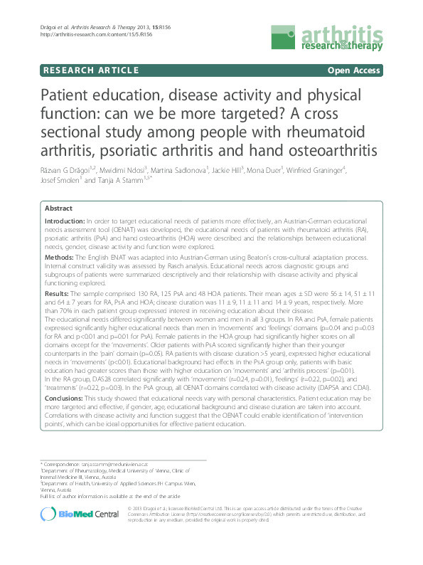 Patient education, disease activity and physical function: Can we be more targeted? A cross sectional study among people with rheumatoid arthritis, psoriatic arthritis and hand osteoarthritis Thumbnail