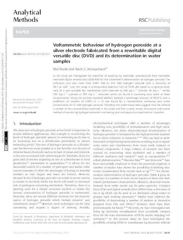 Voltammetric behaviour of hydrogen peroxide at a silver electrode fabricated from a rewritable digital versatile disc (DVD) and its determination in water samples Thumbnail