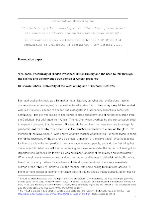 The social vocabulary of Hidden Presence: British History and the need to talk through the silence and acknowledge true stories of African presence Thumbnail