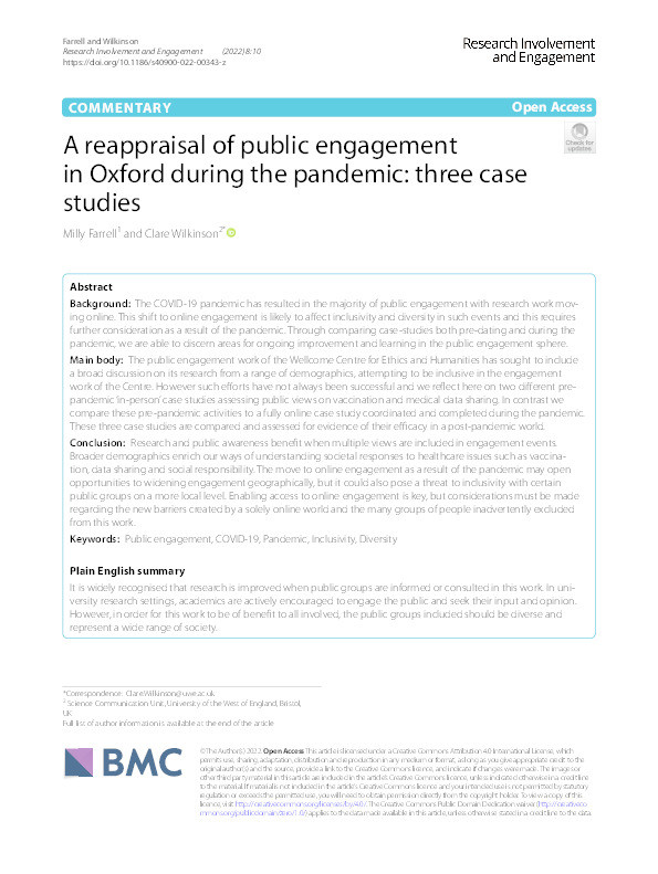 A reappraisal of public engagement in Oxford during the pandemic: Three case studies Thumbnail