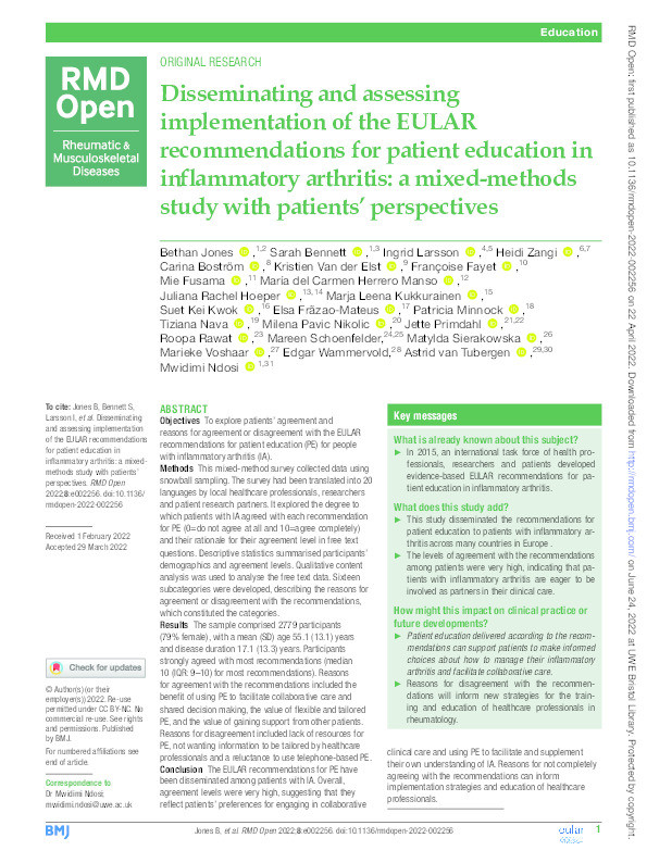 Disseminating and assessing implementation of the EULAR recommendations for patient education in inflammatory arthritis: a mixed-methods study with patients' perspectives Thumbnail