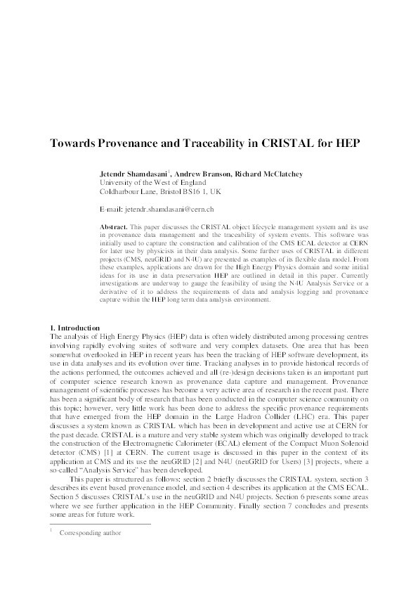 Towards provenance and traceability in CRISTAL for HEP Thumbnail