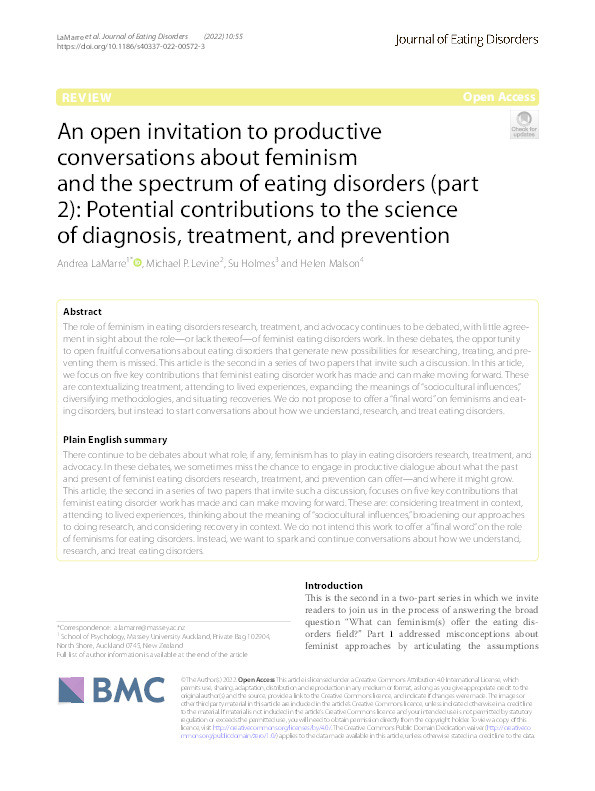 An open invitation to productive conversations about feminism and the spectrum of eating disorders (part 2): Potential contributions to the science of diagnosis, treatment, and prevention Thumbnail