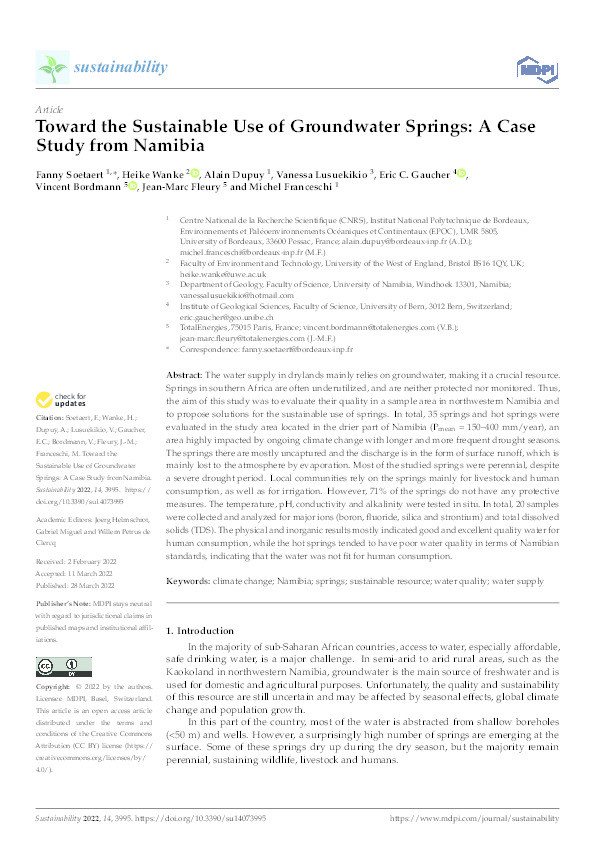 Toward the sustainable use of groundwater springs: a case study from Namibia Thumbnail