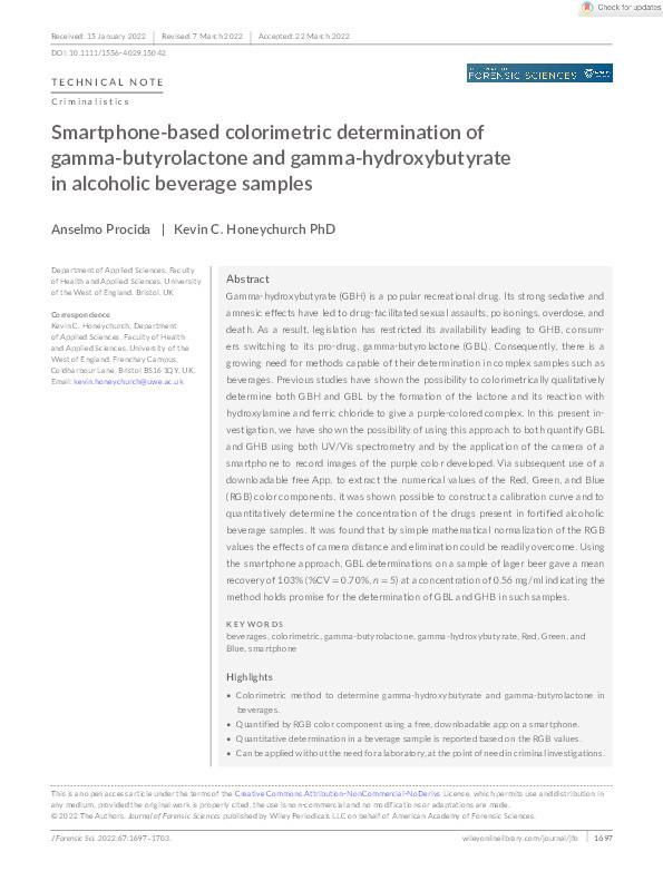 Smartphone-based colorimetric determination of gamma-butyrolactone and gamma-hydroxybutyrate in alcoholic beverage samples Thumbnail
