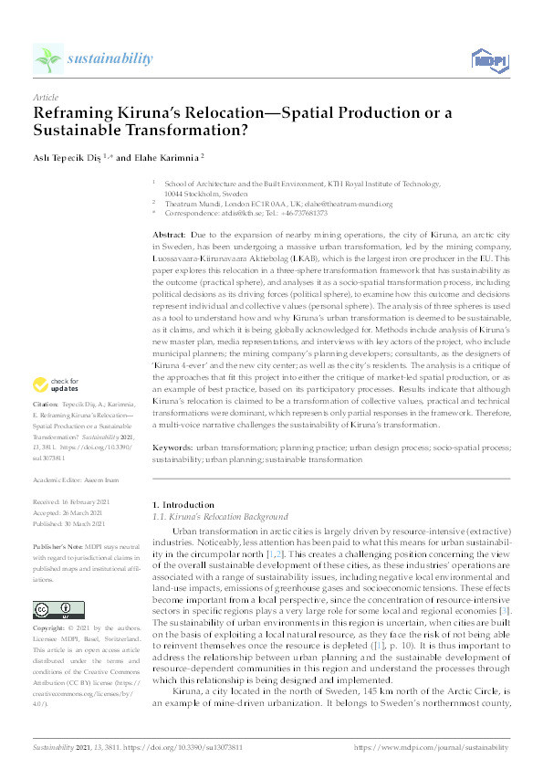 Reframing Kiruna’s relocation-spatial production or a sustainable transformation? Thumbnail