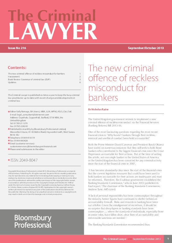 The new criminal offence of reckless misconduct for bankers Thumbnail