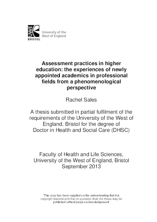 Assessment practices in higher education: The experiences of newly appointed academics in professional fields from a phenomenological perspective Thumbnail