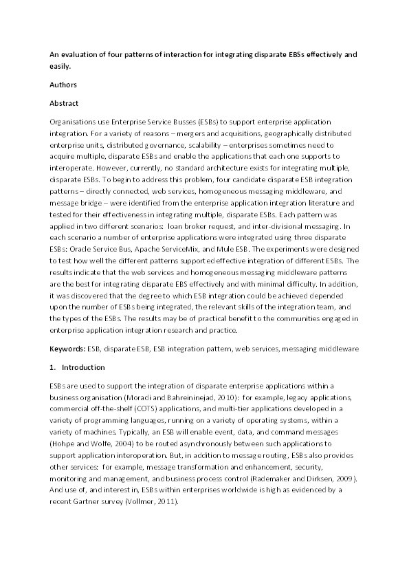 An evaluation of four patterns of interaction for integrating disparate ESBs effectively and easily Thumbnail