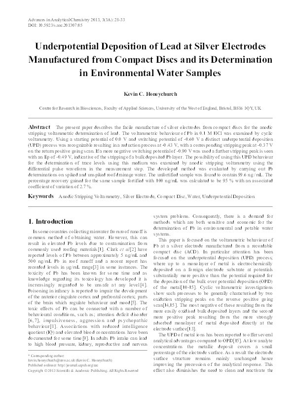 Underpotential deposition of lead at silver electrodes manufactured from compact discs and its determination in environmental water samples Thumbnail