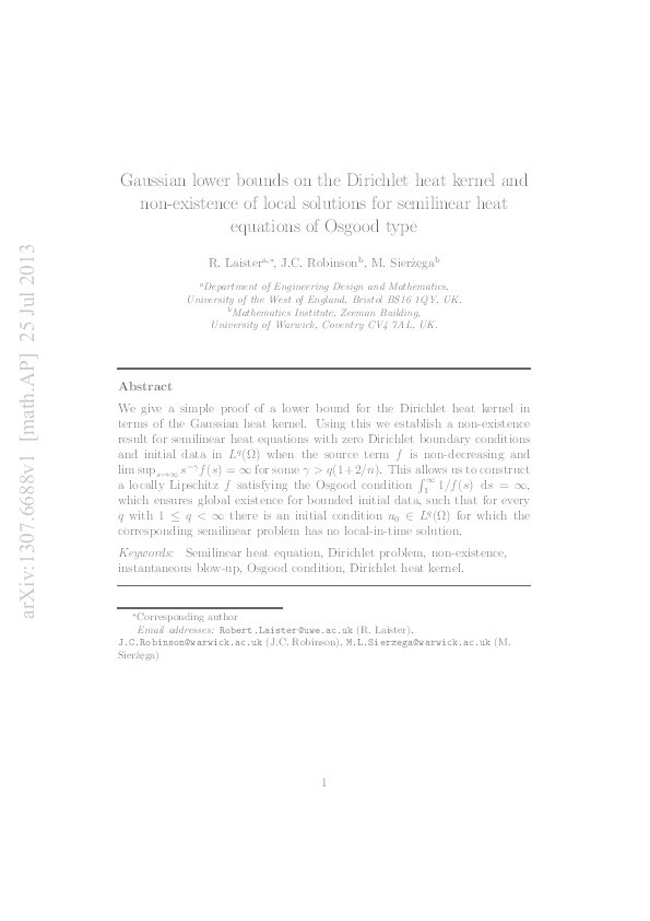 Gaussian lower bounds on the Dirichlet heat kernel and non-existence of local solutions for semilinear heat equations of Osgood type Thumbnail