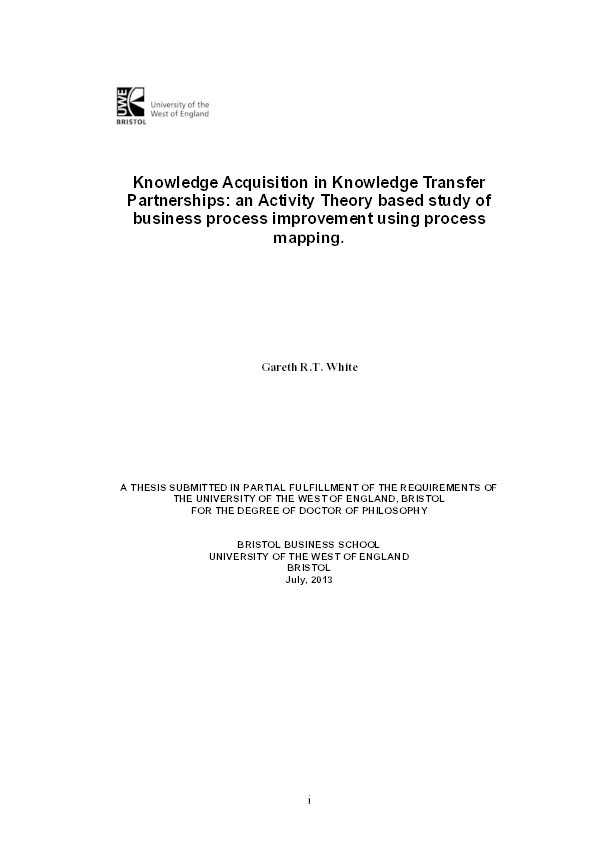 Knowledge acquisition in knowledge transfer partnerships: An activity theory based study of business process improvement using process mapping Thumbnail