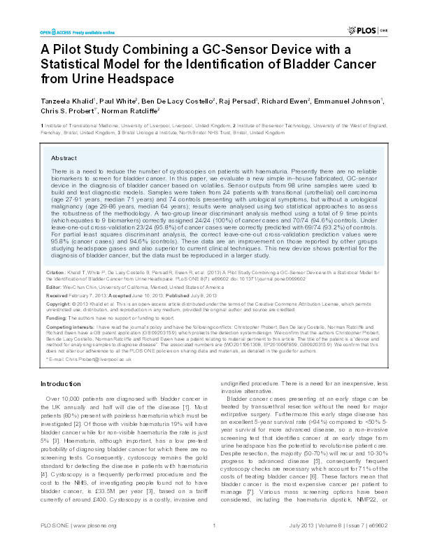 A Pilot Study Combining a GC-Sensor Device with a Statistical Model for the Identification of Bladder Cancer from Urine Headspace Thumbnail