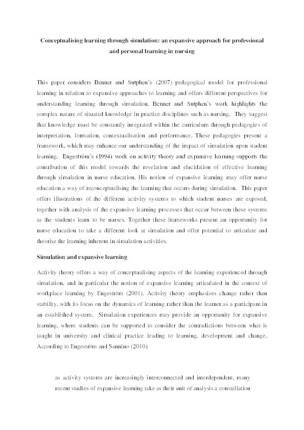 Conceptualising learning through simulation: An expansive approach forprofessional and personal learning Thumbnail