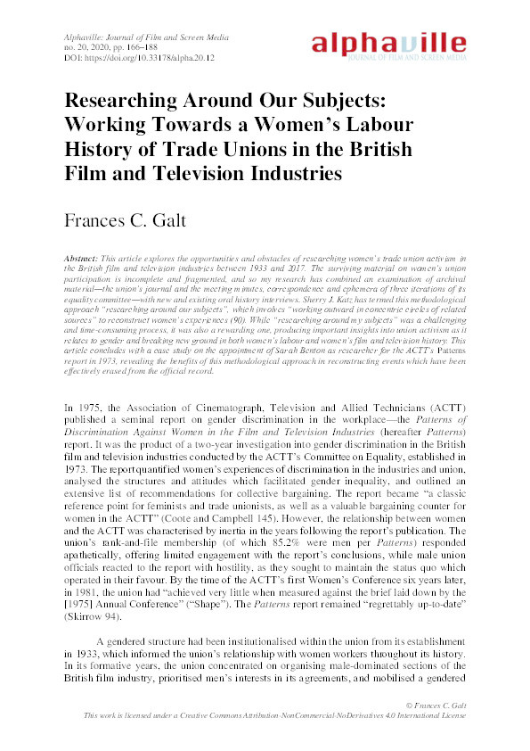 Researching around our subjects: Working towards a women’s labour history of trade unions in the British film and television industries Thumbnail