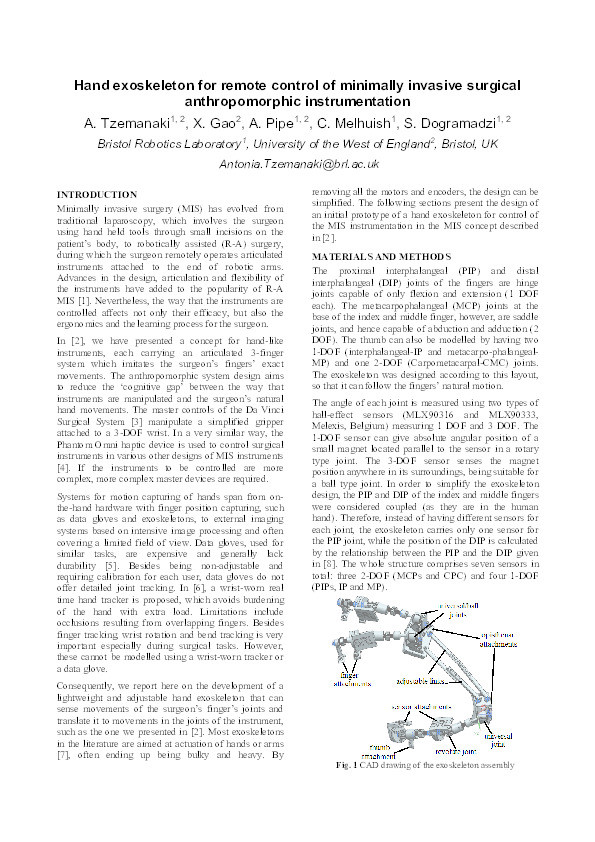 Hand exoskeleton for remote control of minimally invasive surgical anthropomorphic instrumentation Thumbnail