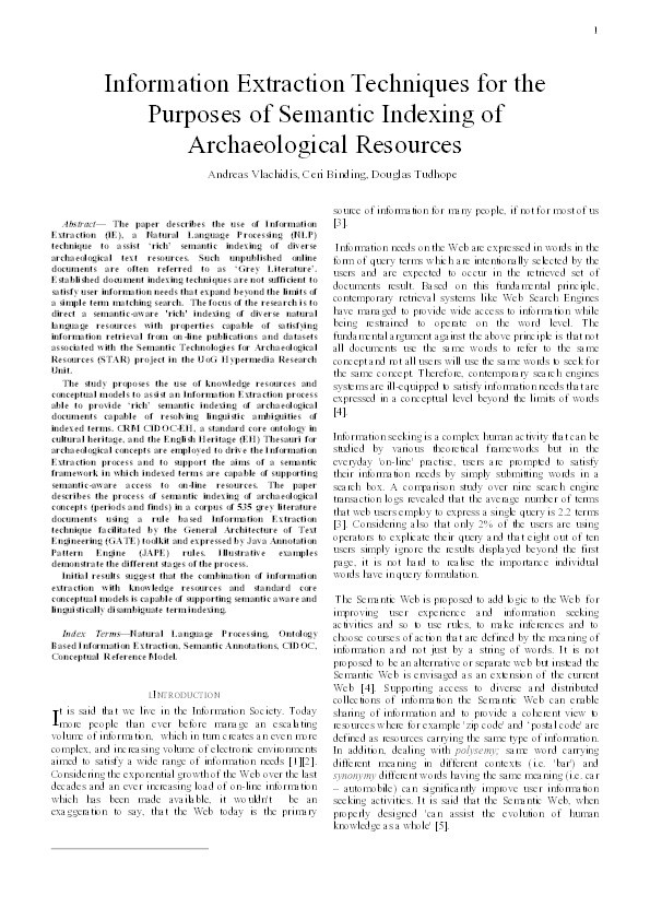Information extraction techniques for the purposes of semantic indexing of archaeological resources Thumbnail