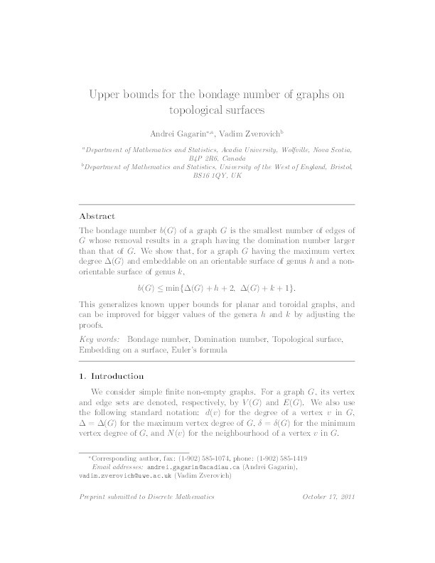 Upper bounds for the bondage number of graphs on topological surfaces Thumbnail