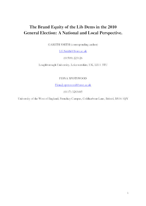 The Brand Equity of the Liberal Democrats in the 2010 General Election: A National and Local Perspective Thumbnail