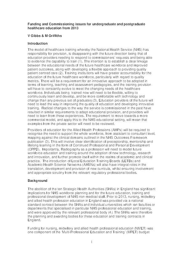 Funding and Commissioning issues for undergraduate and postgraduate healthcare education from 2013 Thumbnail