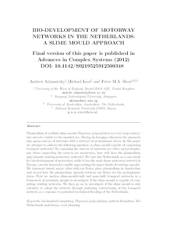 Bio-development of motorway network in the Netherlands: A slime mould approach Thumbnail