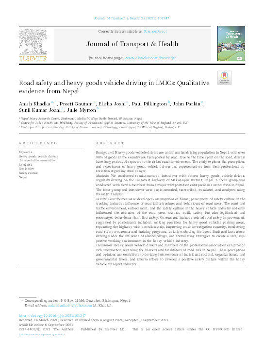 Road safety and heavy goods vehicle driving in LMICs: Qualitative evidence from Nepal Thumbnail