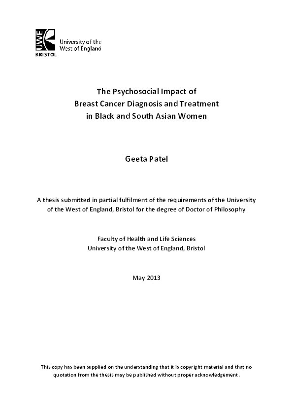 The psychosocial impact of breast cancer diagnosis and treatment in black and south asian women Thumbnail