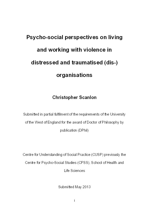 Psycho-social perspectives on living and working with violence in distressed and traumatised (dis-) organisations Thumbnail