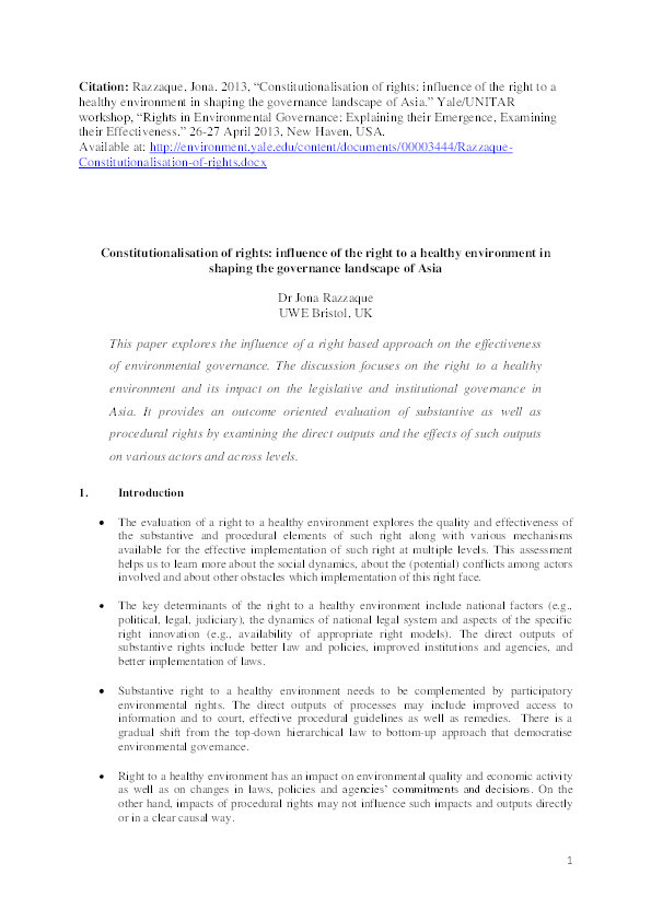 Constitutionalisation of rights: Influence of the right to a healthy environment in shaping the governance landscape of Asia Thumbnail