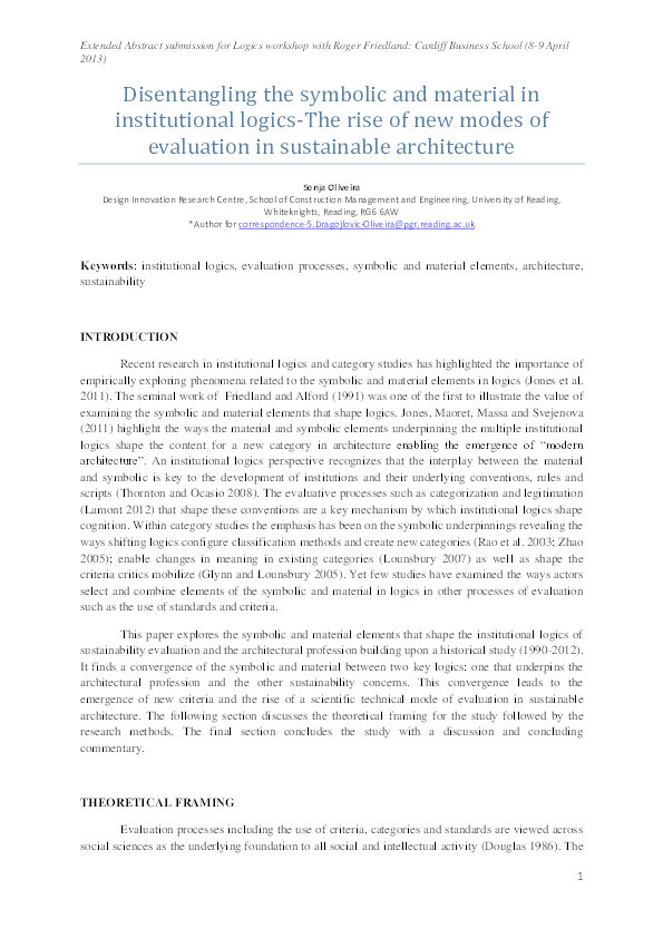 Disentangling the symbolic and material in institutional logics: The rise of new modes of evaluation in sustainable architecture Thumbnail