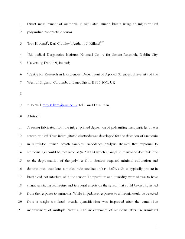 Direct measurement of ammonia in simulated human breath using an inkjet-printed polyaniline nanoparticle sensor Thumbnail