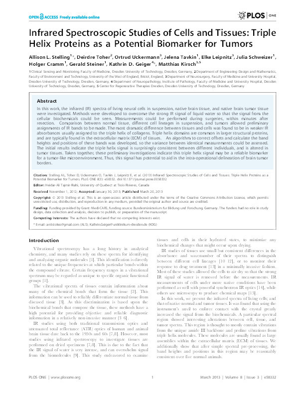 Infrared Spectroscopic Studies of Cells and Tissues: Triple Helix Proteins as a Potential Biomarker for Tumors Thumbnail