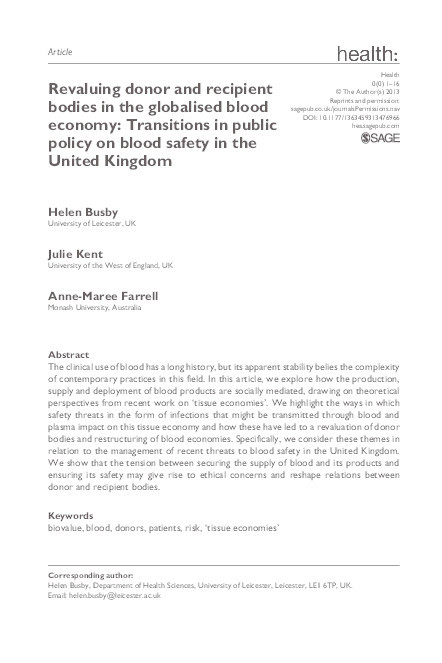 Revaluing donor and recipient bodies in the globalised blood economy: Transitions in public policy on blood safety in the United Kingdom Thumbnail